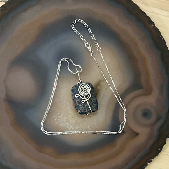 Handmade lapis wire wrapped pendant necklace sterling silver new - Picture 4 of 6